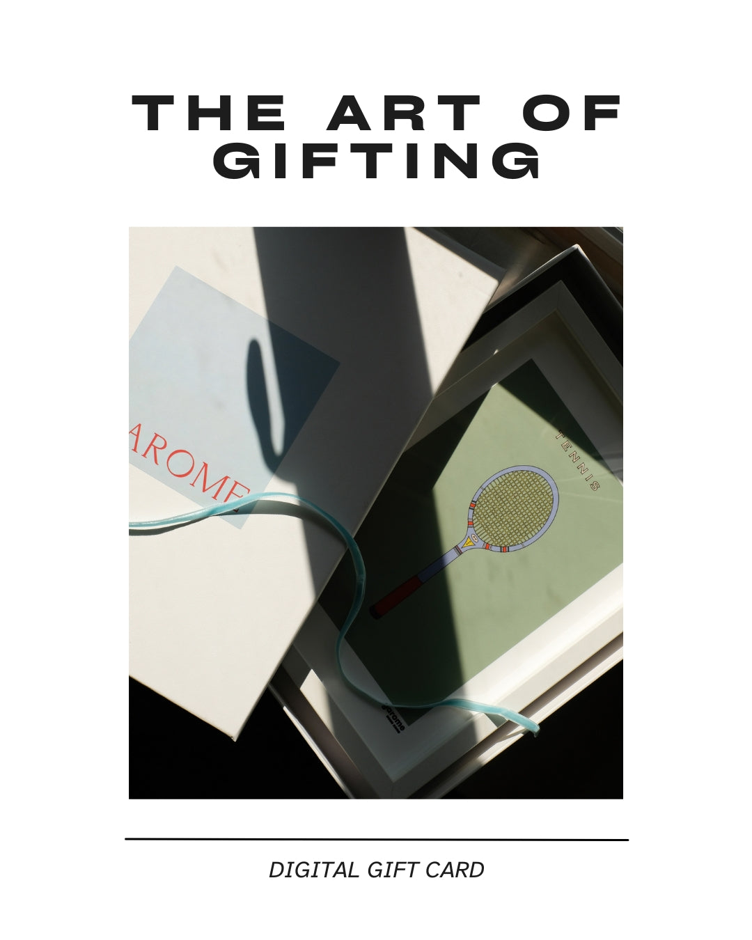 Digital gift card with 'The Art of Gifting' text and a close-up of a gift box with a tennis racket design.
