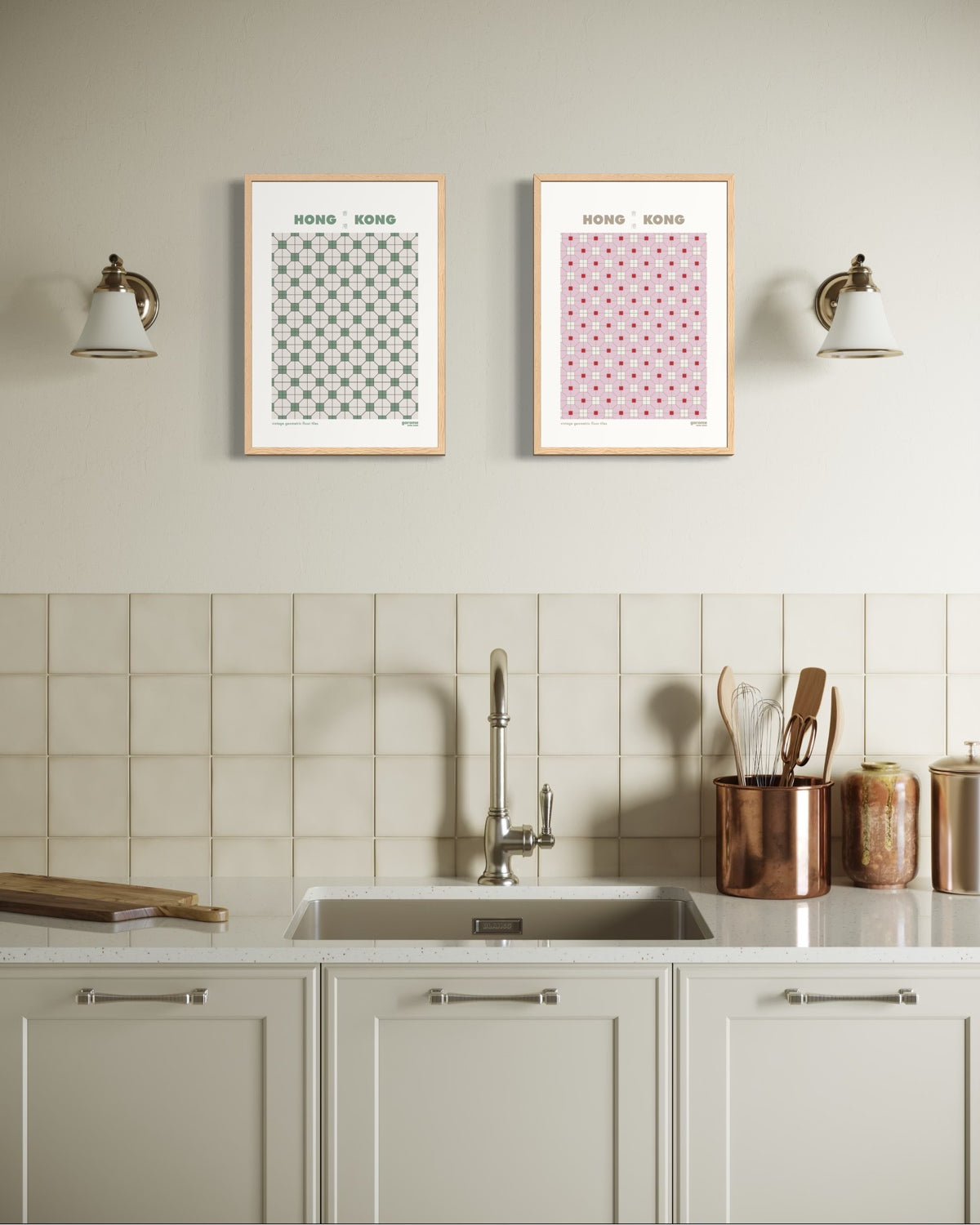 Hong Kong Vintage Pink Tiles . Green Tiles Duo Print Set GAROME